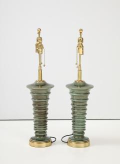 Pair of Pagoda Shaped Ceramic Lamps with a Beautiful Moss Glaze  - 3950781