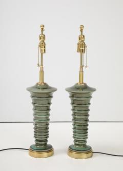 Pair of Pagoda Shaped Ceramic Lamps with a Beautiful Moss Glaze  - 3950783