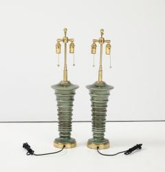 Pair of Pagoda Shaped Ceramic Lamps with a Beautiful Moss Glaze  - 3950784