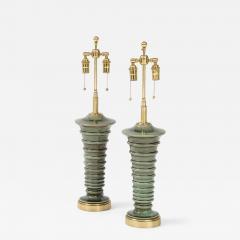 Pair of Pagoda Shaped Ceramic Lamps with a Beautiful Moss Glaze  - 3952555