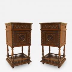 Pair of Pair of French Provincial Brittany Style Oak and Marble Bedside Commodes - 1470358