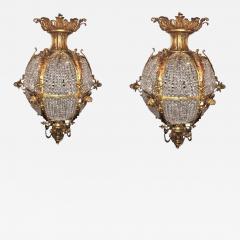 Pair of Palatial Dor Bronze Circular Crystal Beaded Ball Chandeliers - 3018432