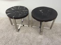 Pair of Petrified Wood Black Cr me Vein Top Chrome Handmade Petite Side Tables - 504773