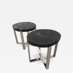 Pair of Petrified Wood Black Cr me Vein Top Chrome Handmade Petite Side Tables - 505651