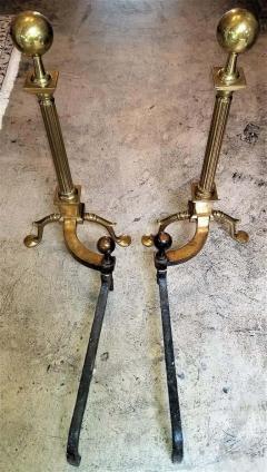 Pair of Philadelphia Brass Andirons with Roman Columns and Ball Finials - 1705751
