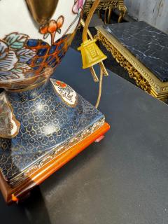 Pair of Porcelain Satsuma Style Table Lamps w Gold Accents on Wood Stands - 4489133