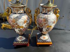 Pair of Porcelain Satsuma Style Table Lamps w Gold Accents on Wood Stands - 4489135