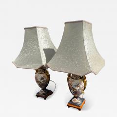 Pair of Porcelain Satsuma Style Table Lamps w Gold Accents on Wood Stands - 4491053