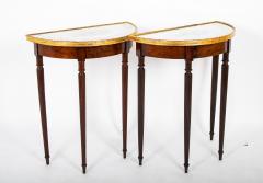 Pair of Rare Sheraton Mahogany Demilune Consoles with Shell Motif Painted Top - 3077514