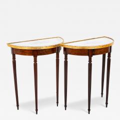 Pair of Rare Sheraton Mahogany Demilune Consoles with Shell Motif Painted Top - 3081757