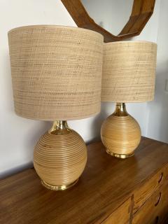 Pair of Rattan and Brass Lamps Italy 1970s - 3282152