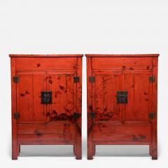 Pair of Red Lacquer Cabinets with Birds in Flight - 4205104