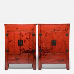 Pair of Red Lacquer Cabinets with Birds in Flight - 4262958