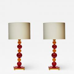 Pair of Red and Orange Murano Glass Balls Table Lamps - 1110480