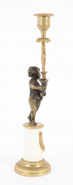 Pair of Regency Bronze Marble Classical Putti Candlesticks - 2679722
