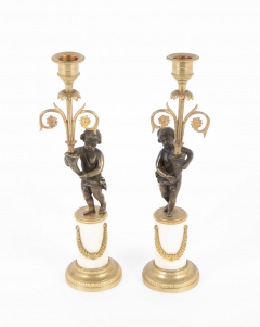 Pair of Regency Bronze Marble Classical Putti Candlesticks - 2679739