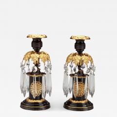 Pair of Regency Lacquered Brass Candlesticks with Glass Prisms - 1050011