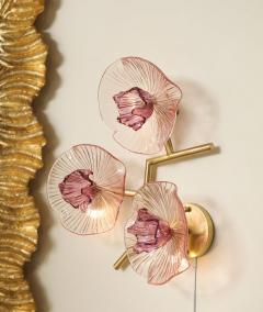 Pair of Rose Pink Murano Flower Floral Glass and Brass Sconces Italy - 4441146