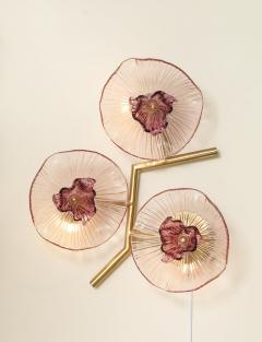 Pair of Rose Pink Murano Flower Floral Glass and Brass Sconces Italy - 4441147
