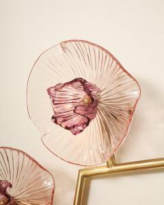 Pair of Rose Pink Murano Flower Floral Glass and Brass Sconces Italy - 4441154