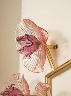 Pair of Rose Pink Murano Flower Floral Glass and Brass Sconces Italy - 4441167