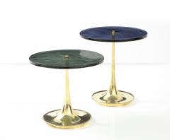 Pair of Round Blue and Grey Murano Glass and Brass Martini or Side Tables Italy - 2642434