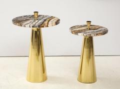 Pair of Round Fantasy Brown Onyx Marble and Brass Side or Martini Tables Italy - 1998799