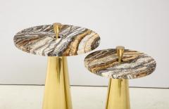 Pair of Round Fantasy Brown Onyx Marble and Brass Side or Martini Tables Italy - 1998804