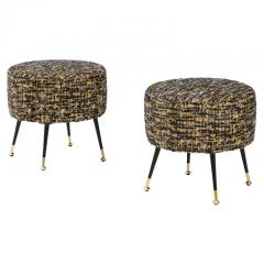 Pair of Round Stools or Poufs in Black Boucle with Black and Brass Legs Italy - 3211392