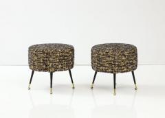 Pair of Round Stools or Poufs in Black Boucle with Black and Brass Legs Italy - 3211393
