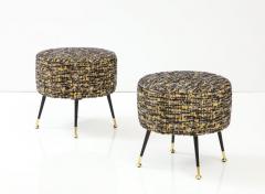 Pair of Round Stools or Poufs in Black Boucle with Black and Brass Legs Italy - 3211396