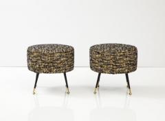 Pair of Round Stools or Poufs in Black Boucle with Black and Brass Legs Italy - 3211398