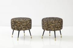 Pair of Round Stools or Poufs in Black Boucle with Black and Brass Legs Italy - 3211400