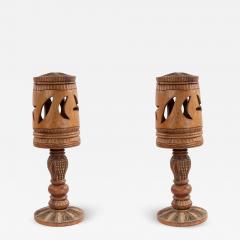 Pair of Rustic Adirondack Style Carved Wooden Table Lamps - 1394035
