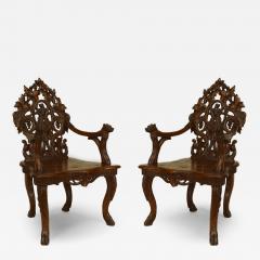 Pair of Rustic Black Forest Carved Walnut Armchairs - 4628006