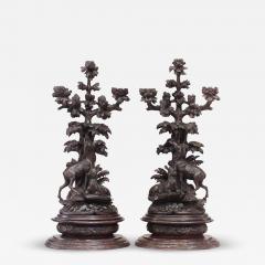 Pair of Rustic Black Forest Carved Walnut Candelabras - 4230696