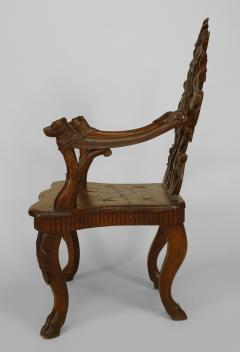 Pair of Rustic Black Forest Carved Walnut Open Arm Chairs - 549630