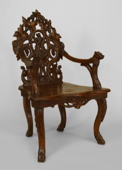 Pair of Rustic Black Forest Carved Walnut Open Arm Chairs - 549633