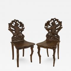 Pair of Rustic Black Forest Walnut Side Chairs One Chair with Music Box - 408184