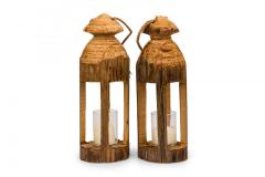 Pair of Rustic Carved Wooden Lanterns - 4671599