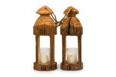 Pair of Rustic Carved Wooden Lanterns - 4671600