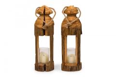 Pair of Rustic Carved Wooden Lanterns - 4671601