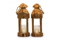 Pair of Rustic Carved Wooden Lanterns - 4671602