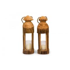 Pair of Rustic Carved Wooden Lanterns - 4735070