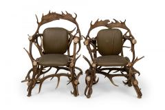 Pair of Rustic Continental Style Dark Olive Green Leather and Faux Antler Armcha - 4631216