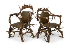 Pair of Rustic Continental Style Dark Olive Green Leather and Faux Antler Armcha - 4631217