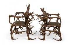 Pair of Rustic Continental Style Dark Olive Green Leather and Faux Antler Armcha - 4631218