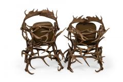 Pair of Rustic Continental Style Dark Olive Green Leather and Faux Antler Armcha - 4631220