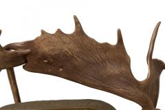 Pair of Rustic Continental Style Dark Olive Green Leather and Faux Antler Armcha - 4631221