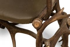 Pair of Rustic Continental Style Dark Olive Green Leather and Faux Antler Armcha - 4631224